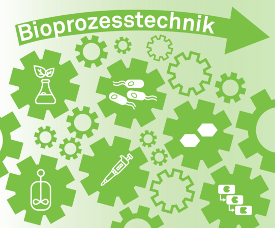 Die Forschungsbereiche der Bioprozesstechnik in Icons. Dazu gehören die Entwicklung innovativer Biokatalysatoren, die Ganzzell-Biokatalyse und die Forschung an in-vitro Enzymkaskaden.